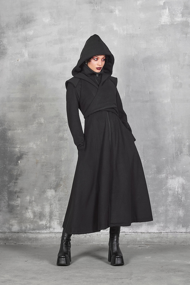 Long Winter Coat Women, Wool Coat Women, Gothic Coat, Long Coat Women, Wool Black Coat with Hood, Hooded Coat, Winter Coat with Big Hood image 1