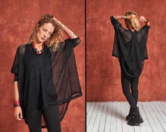 Tunique taille plus, tunique asymétrique, tunique en laine, haut tunique noir, tunique ample femme, haut kimono noir, haut à manches chauve-souris, haut transparent, haut en maille