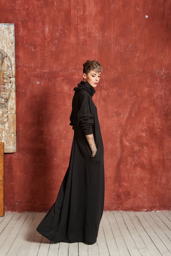 Black Cowl Neck Maxi Dress, Long Sleeve Wool Blend, Steampunk Gothic Style