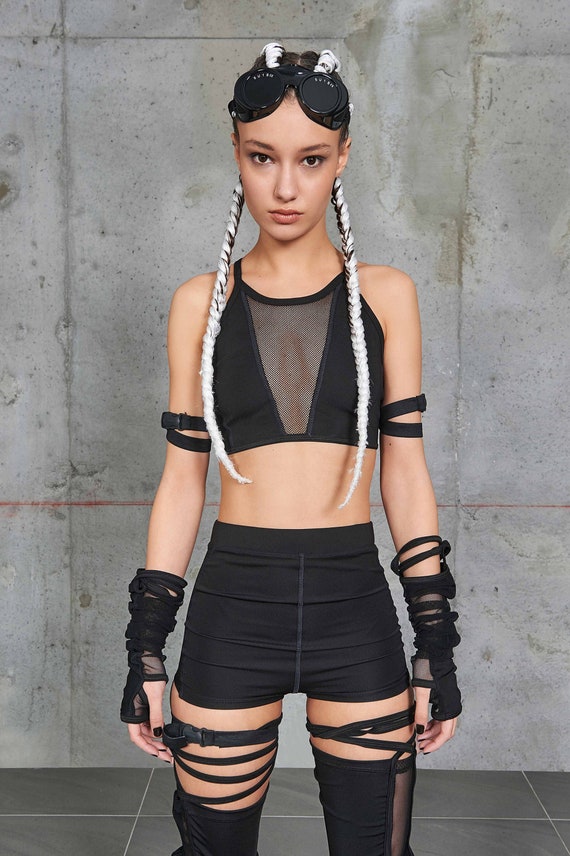 Festival Clothing Woman Two Piece, Rave Woman Set, Rave Outfit, Cyberpunk  Clothing, High Waisted Shorts, Black Crop Top, Mesh Top, Lace Top 