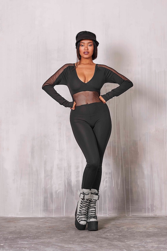 Sexy Rave Bodysuit Long Sleeve Mesh Bodysuit Black Sexy - Etsy