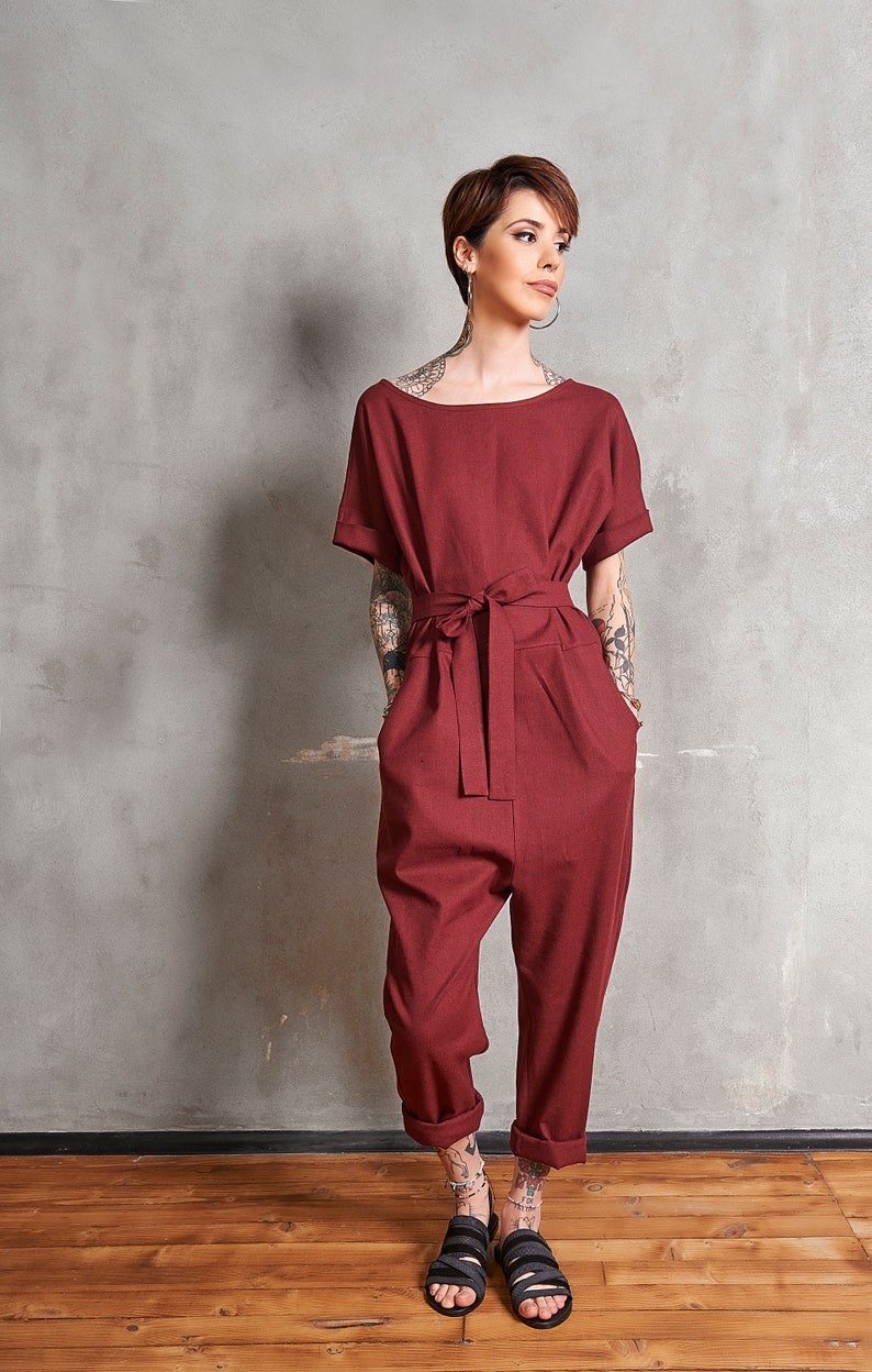 Red Jumpsuit Women Harem Jumpsuit Women Japanese Linen Etsy