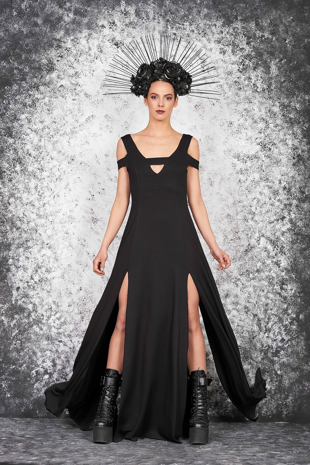 Black Goth Gown, High Slit Gothic Dress, Cold Shoulder - Etsy Black Goth Gown, High Slit Gothic Dress, Cold Shoulder - Etsy