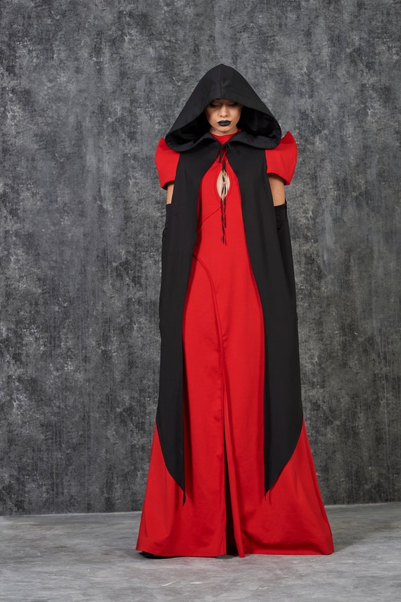 Vampir-Umhang schwarz-grau mit Kapuze Halloween-Kostüm Hexe Geist Mantel Cape 
