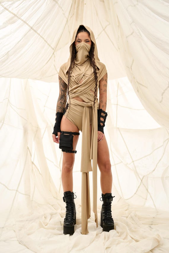 Beige Festival Scarf with Hood, Rave Outfit Accessory