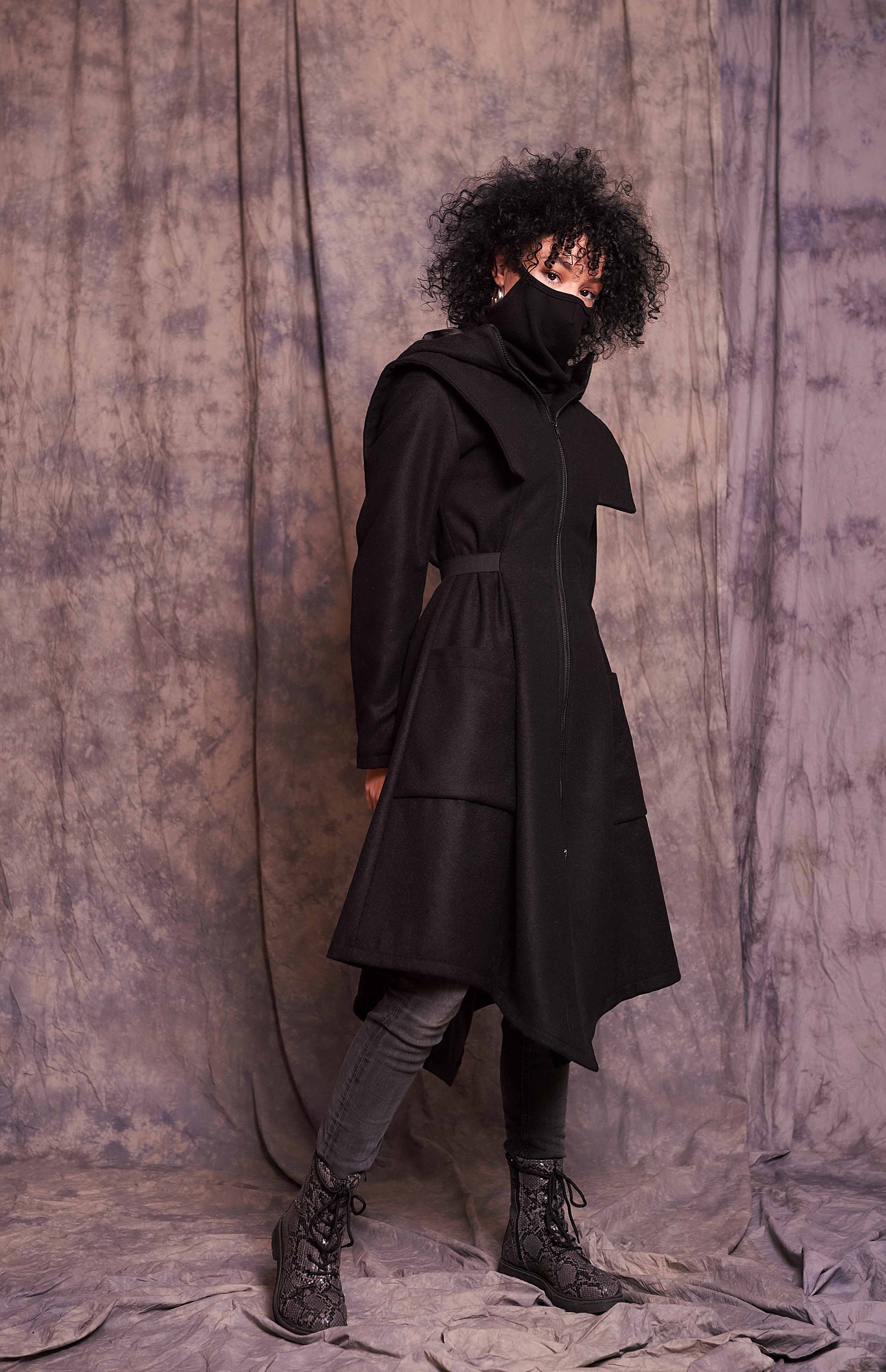 Winter Coat with Face Shield Hooded Coat Wool Winter Coat Black Coat Women Black Hooded Coat Winter Coat Women Wool Coat Women