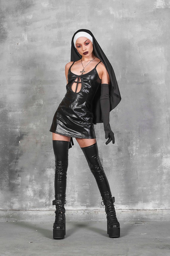 Sexy Nun Dress, Halloween Costume Woman, Nun Costume Woman, Shiny Nun Dress,  Sexy Halloween Costume, Nun Outfit, Adult Halloween Costume 