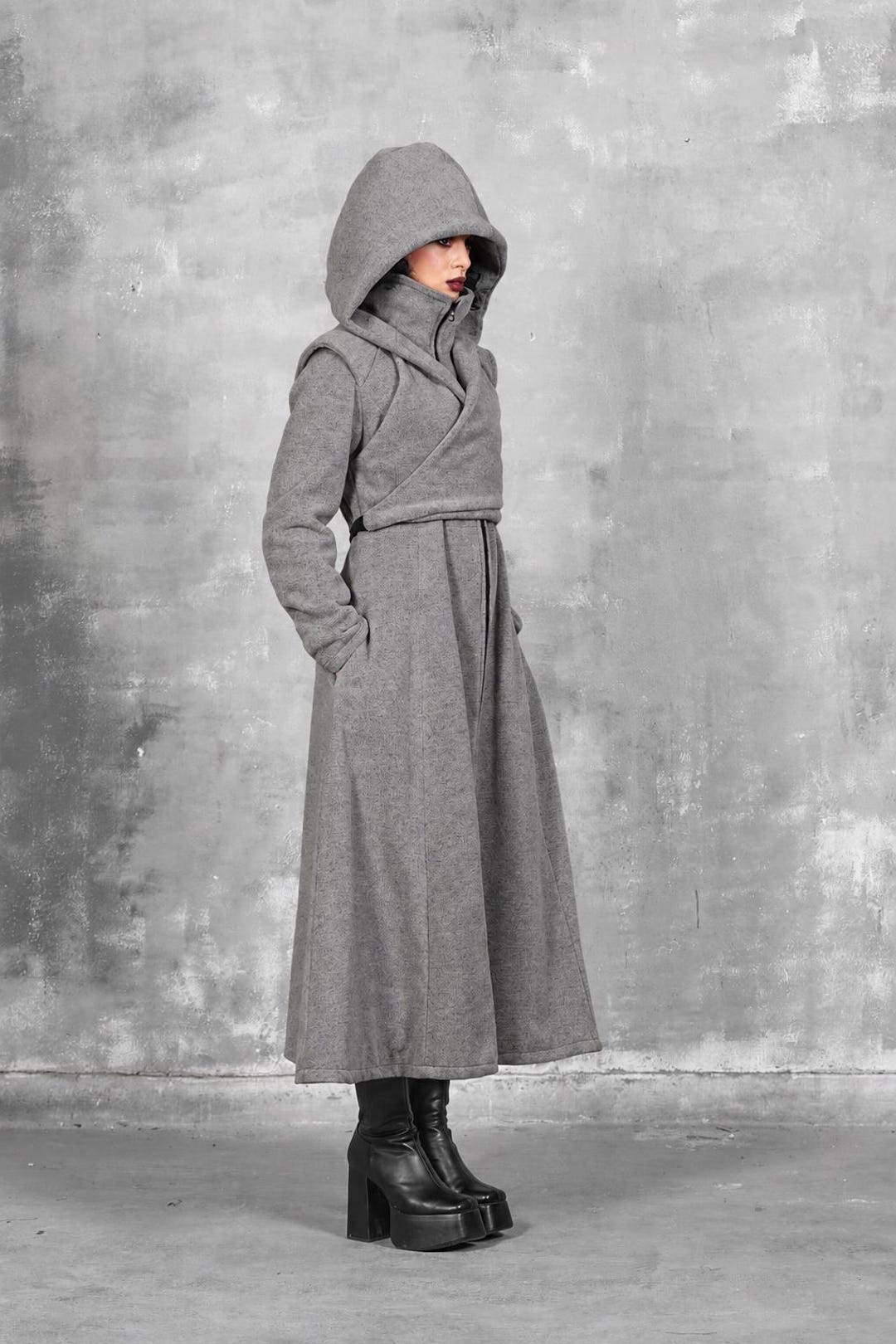 Hooded Wool Maxi Coat, Gray Winter Steampunk Coat - Etsy
