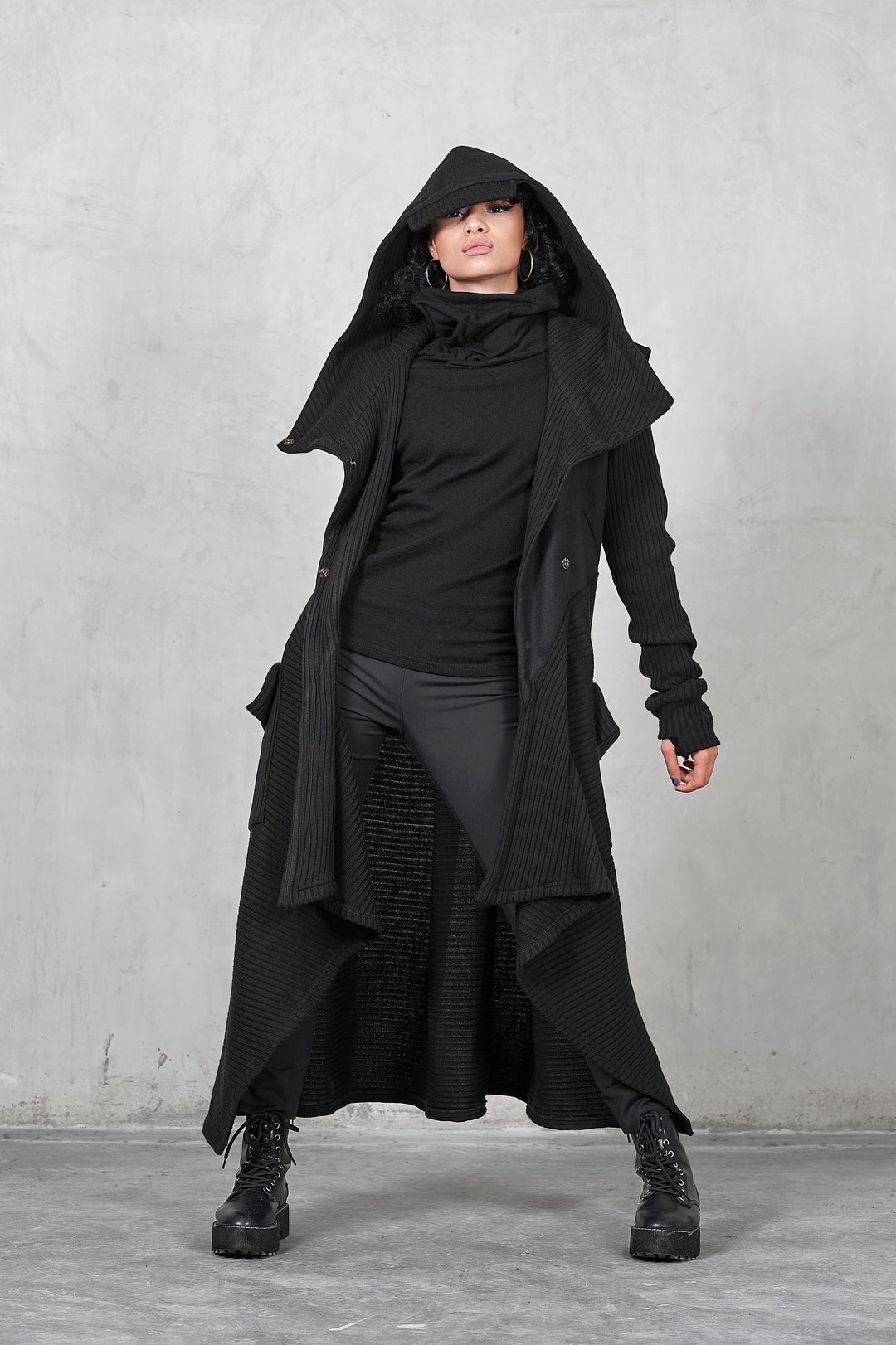 クールカレアン フード付きコート　黒 フード付きウール冬コート、ブラックの暖かいアウターウェア - Etsy 日本