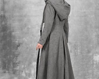 Hooded Wool Maxi Coat, Gray Winter Steampunk Coat - Etsy