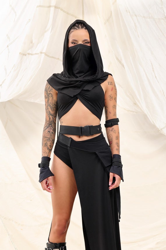 Black Hooded Festival Scarf, Rave Outfit, Burning Man Clothing