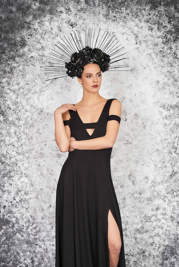 Black Goth Dress Gothic Dress Gown High Slit Dress Summer - Etsy