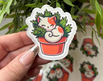 Cottagecore Cat Plant Vinyl Sticker – Water-Resistant Decal