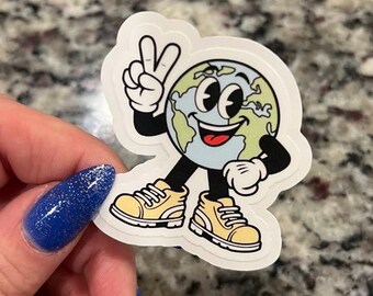 Smiling Earth Vinyl Sticker | Peace Sign Globe with Sneakers