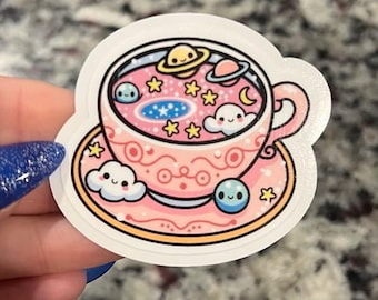Kawaii Cosmic Tea Cup Sticker: Galaxy Planets Vinyl Decal