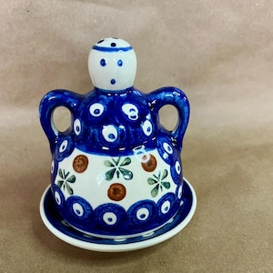 Vintage Bolesławiec Polish Pottery Cheese Lady Hand-Painted Butter Dish & Plate
