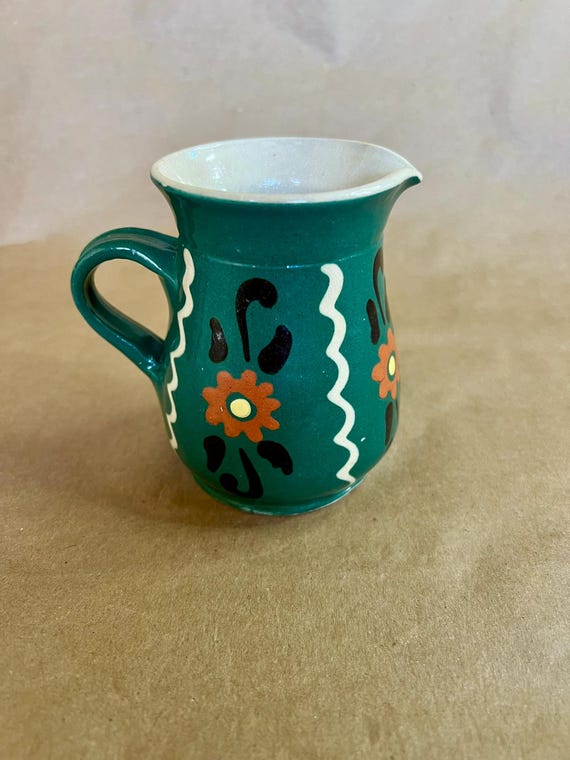 Vintage Handarbeit German Folk Art Small Pitcher with Flowers-Green