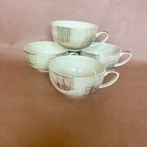 Set of 4 Vintage Vernonware Raffia Pattern Coffee Cups, hand painted - Vernon Kilns. California Pottery