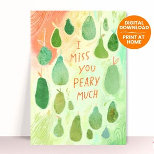 Miss You Peary Much / Carta con giochi di parole sul cibo / Carta pensando a te / Carta attraverso le miglia / Carta con giochi di parole sulla pera / Carta con pera acquerello / Mi manchi tanto
