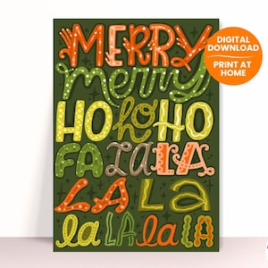 Weihnachtskarte Typografie | Weihnachtswörter druckbar | Weihnachtskarte PDF | Merry Merry Ho ho ho Fa la la la la Karte | Festliche Sprüche Weihnachten