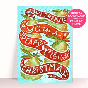 Biglietto di Natale vintage con pera / Biglietto PDF con festività botanica invernale / Biglietto di auguri vintage anni '50 stampabile / Biglietto di Natale multiuso