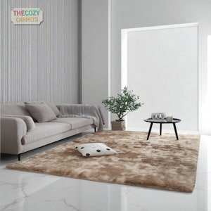 May include: A large, rectangular rug in tan and brown tones fills the room. A light-coloured sofa with cushions and a throw is against a wall. A small black table and a potted plant are also visible. The text "THE COZY CARPETS" is in the upper left corner.
