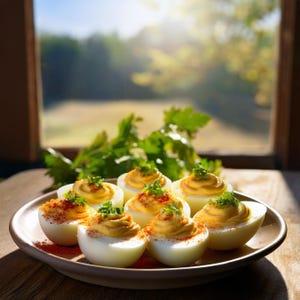Può includere: Un piatto di uova ripiene guarnite con prezzemolo e paprika. Le uova sono disposte in cerchio su un piatto marrone.
