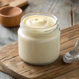 Może przedstawiać: Szklany słoik wypełniony kremową, białą substancją, prawdopodobnie domowym sosem lub pastą. Słoik stoi na drewnianej desce do krojenia.