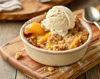 May include: A close-up of a peach cobbler with a scoop of vanilla ice cream on top. The cobbler is in a white ceramic dish and is sitting on a wooden chopping board.