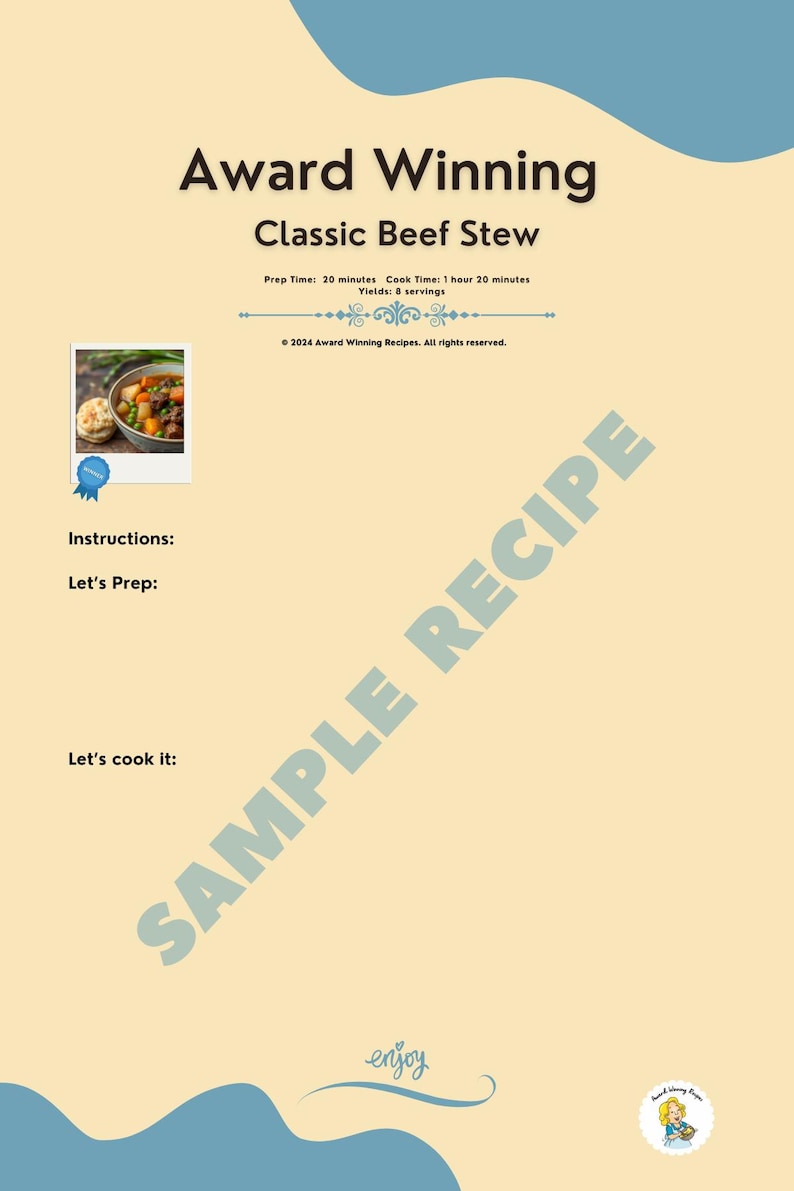 Stew Card Classic Beef Stew Recipe, Award Winning, Digital File Download - Etsy