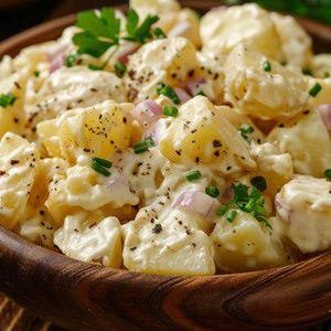 May include: A wooden bowl filled with potato salad. The salad is made with potatoes, mayonnaise, onions, and chives. The salad is topped with black pepper.