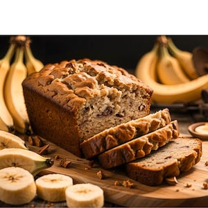 Puede incluir: Una hogaza de pan de plátano cortada en una tabla de cortar de madera con plátanos en el fondo.
