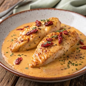 May include: Two chicken breasts in a creamy sauce with dried cranberries and herbs on a white plate.