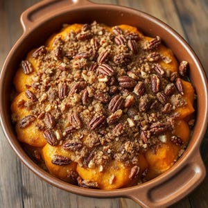 May include: A brown casserole dish filled with sweet potato casserole topped with a pecan and brown sugar crumble.