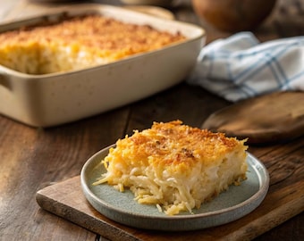 Può includere: Primo piano di una pirofila piena di un piatto di pasta al formaggio color marrone dorato. Una porzione singola di pasta è su un piatto blu, pronta per essere mangiata.