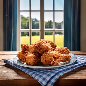 Peut inclure: Une assiette de morceaux de poulet frit croustillants sur une nappe à carreaux bleus et blancs. Le poulet est doré et semble fraîchement cuit.