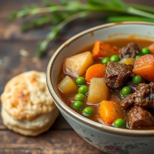 Puede incluir: Un tazón de estofado de carne abundante con patatas, zanahorias, guisantes y trozos de carne de res en una salsa marrón rica.