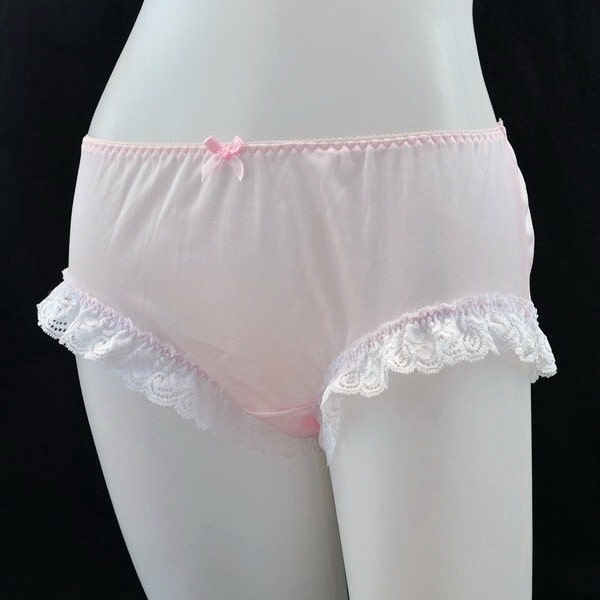 Pink nylon briefs with white lace