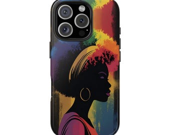 iPhonehoesje regenboog afro silhouet | Gedurfde zwarte meisjeskunst | Afrocentric stevige beschermhoes voor iPhone 7-16 | Levendige Pride-esthetiek