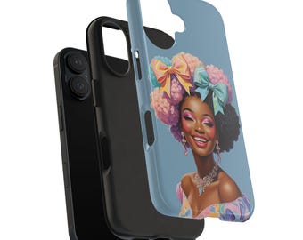 Kleurrijk iPhonehoesje Afro Puff Princess | Black Girl Magic-telefoonhoesje | Stevig hoesje voor iPhone 7-16 | Pastelstrikken en glamourglimlachkunst, cadeau voor haar