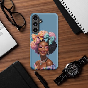 カラフルなアフロパフのSamsungケース | ブラックガールマジックのSamsung S10～S25用電話カバー | 光沢のある丈夫なケース | 彼女への楽しいピンク＆ブルーのアートギフト