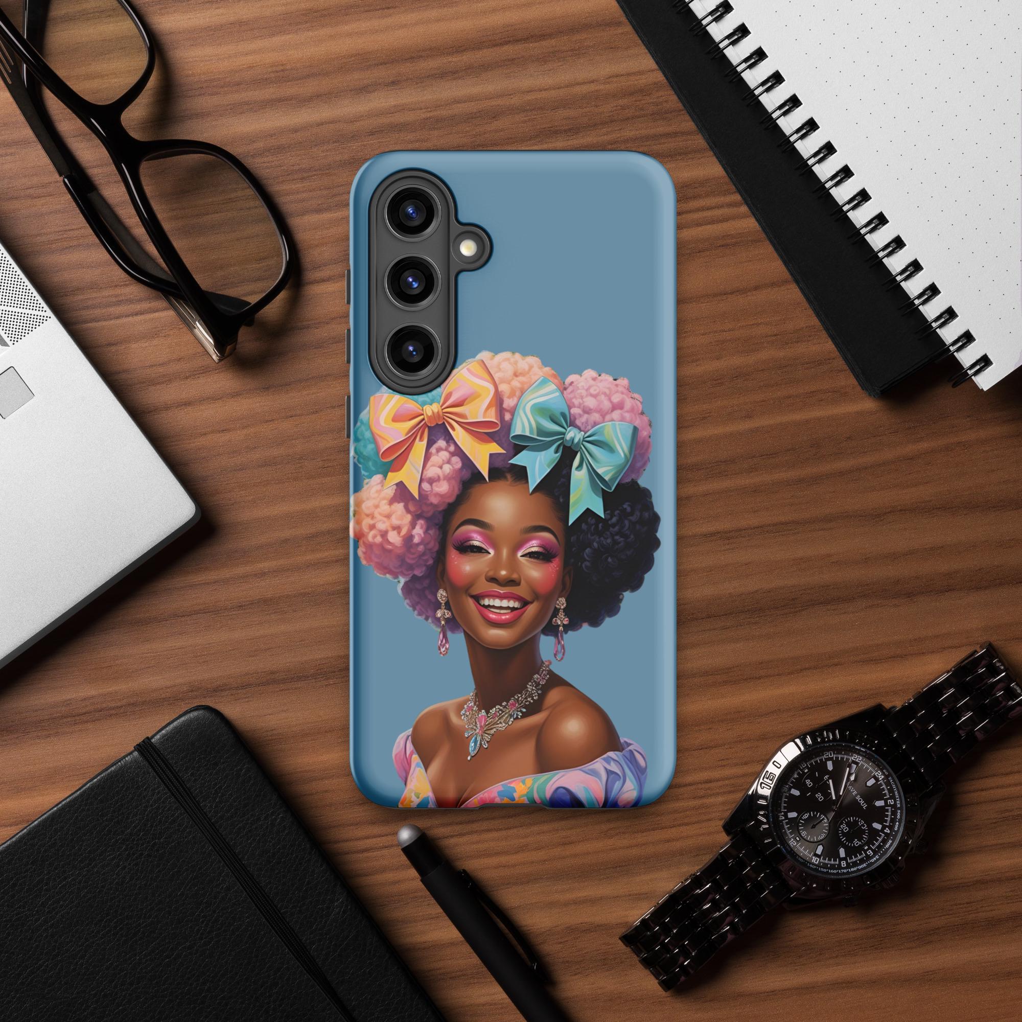 Kleurrijk afro-bladerdeeg Samsung-hoesje | Black Girl Magic Samsung S10–S25-telefooncover | Glanzende stevige hoes | Vrolijk roze en blauw kunstcadeau voor haar,