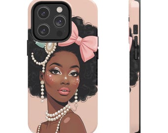 Elegant iPhone-hoesje Afro-meisje | Black Girl magische parel en strikkunst | Beschermende telefoonhoes voor iPhone 7-16 | Glanzende afwerking | Cadeau voor haar
