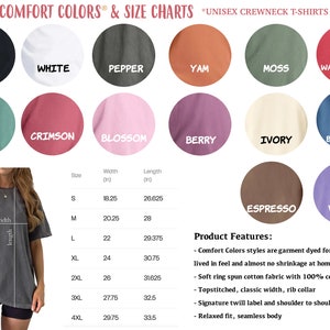 May include: A size chart for unisex crewneck t-shirts in various colors, including black, white, pepper, yam, moss, watermelon, light green, crimson, blossom, berry, ivory, blue jean, espresso, and violet. The chart shows the width and length in inches for sizes S through 4XL. The product features include garment dyed for a lived-in feel, almost no shrinkage, soft ring spun cotton fabric with 100% cotton threads, topstitched, classic width, rib collar, signature twill label and shoulder to shoulder twill tape, and a relaxed fit, seamless body.
