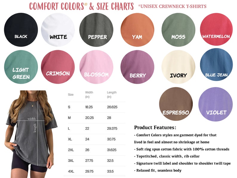 May include: A size chart for unisex crewneck t-shirts in various colors, including black, white, pepper, yam, moss, watermelon, light green, crimson, blossom, berry, ivory, blue jean, espresso, and violet. The chart shows the width and length in inches for sizes S through 4XL. The product features include garment dyed for a lived-in feel, almost no shrinkage, soft ring spun cotton fabric with 100% cotton threads, topstitched, classic width, rib collar, signature twill label and shoulder to shoulder twill tape, and a relaxed fit, seamless body.