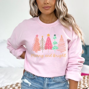 Merry and Bright Sweatshirt, Retro Christmas Sweatshirt, Pink Christmas Tree Sweatshirt, Womens Christmas Sweatshirt, Funny Christmas Hoodie