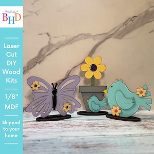 Wood Shelf Sitter Trio – Butterfly, Bird & Flower Pot – Unfinished Laser Cut DIY Decor