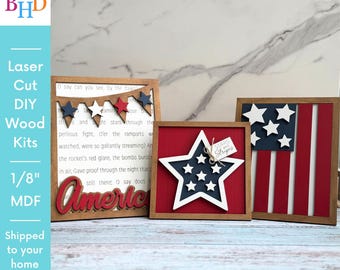 DIY Patriotisches Zeichen-Trio: Unbehandeltes Laser geschnittenes Holz - Amerika, Flagge, Stern