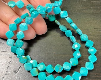 6.5mm Chinese turquoise faceted diamond from Hubei, China. Blue, 15.4 inch strand.