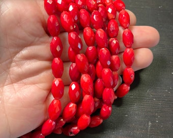 7x12mm Bamboo coral, Faceted Barrels, True Red, 16 inches long